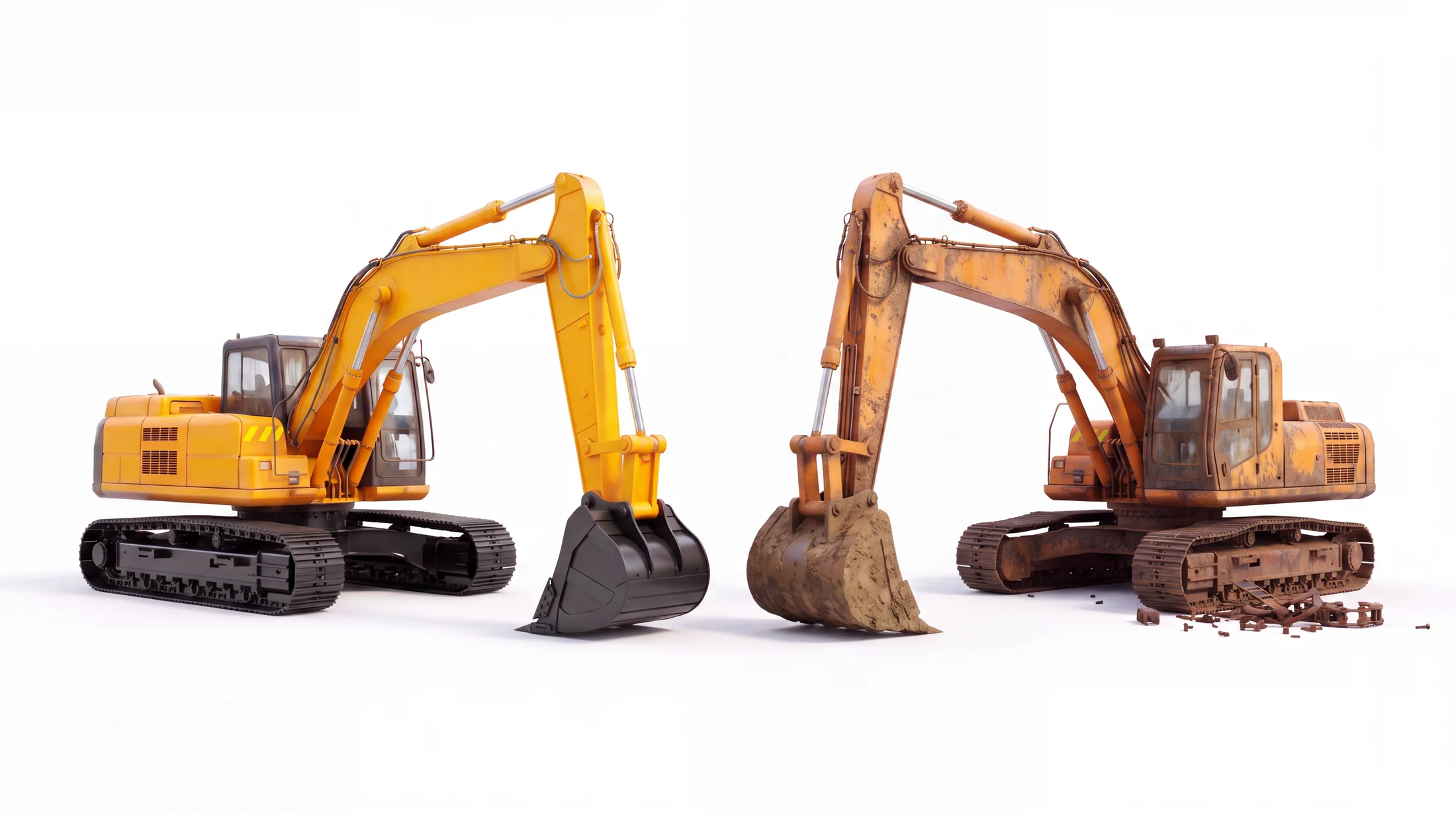 A restored yellow excavator and a worn excavator presented side by side