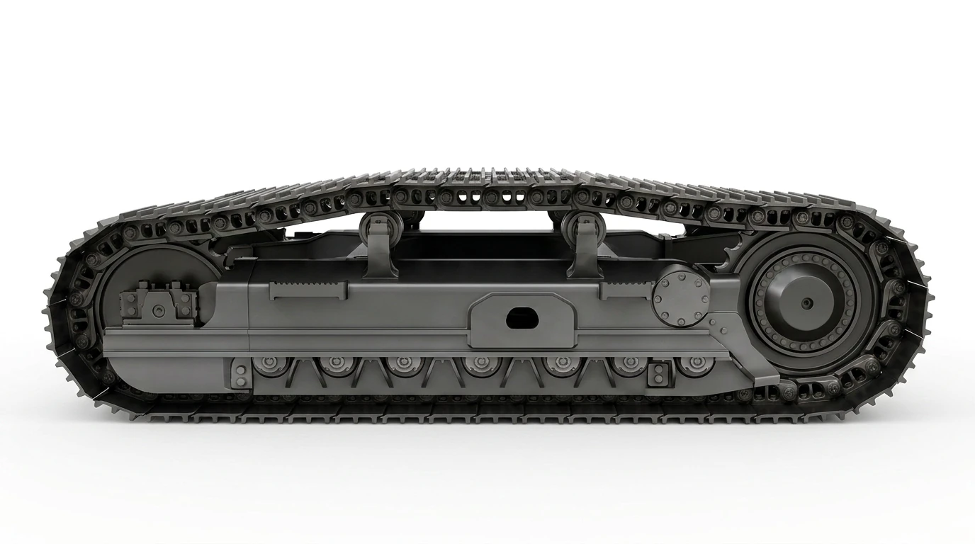 Excavator undercarriage with tracks, rollers, frame, sprocket, and idler