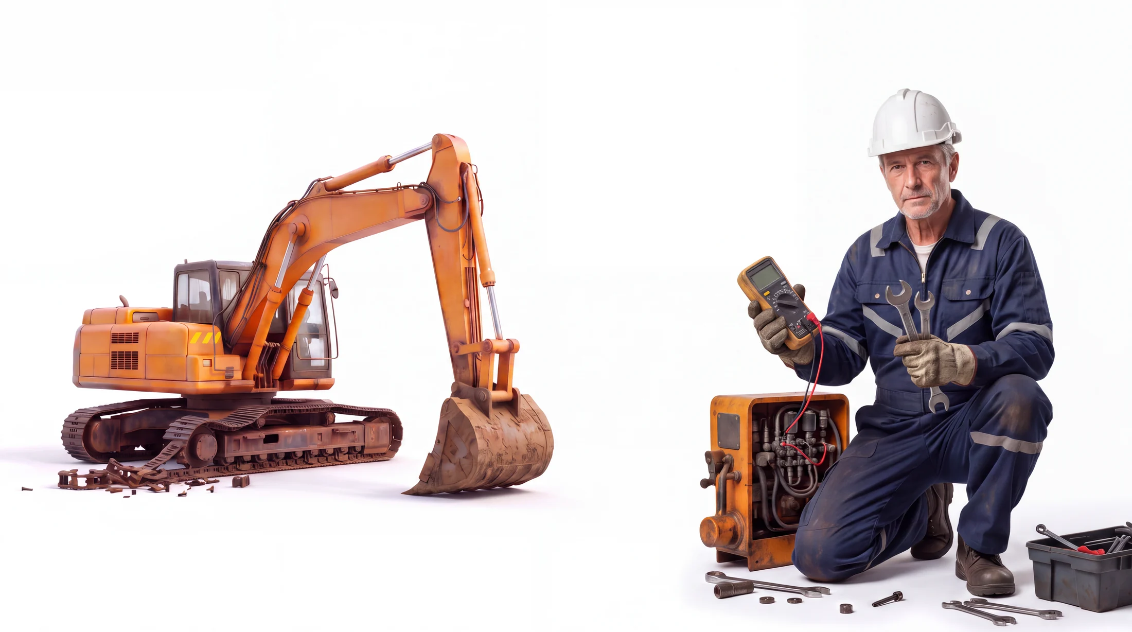 An excavator beside a service technician with diagnostic tools